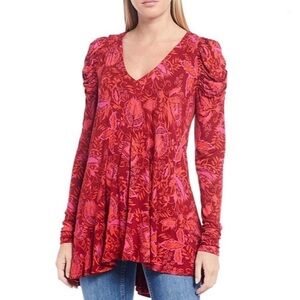 Free People Hello Lover Tunic Dress Red Floral Long Sleeve Boho Mini S